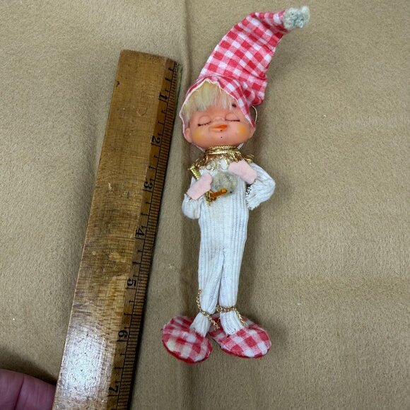 Vintage Christmas Elf Pixie Boy Ornament Red Gingham Stocking Cap Hat Pajamas - Picture 6 of 6